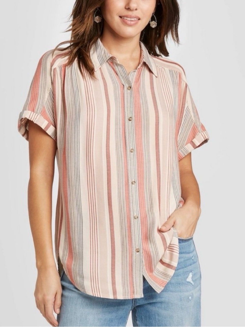 Universal Thread Short Sleeve Camp Shirt Soft Button Down Blouse Relaxed fit Med